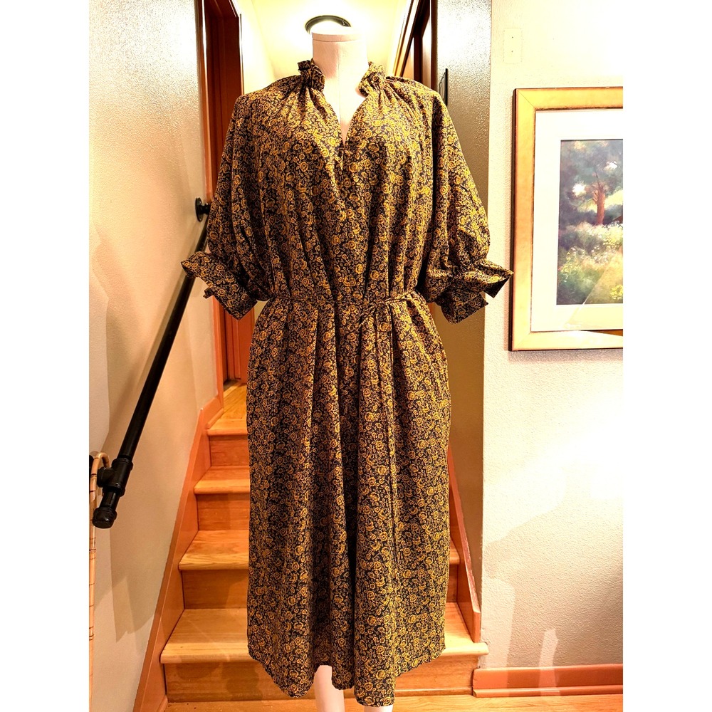 Scenarion Floral Cotton Dress Mustard Yellow/Black Size S/M India